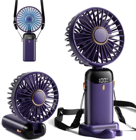 USB Handheld Mini Fan Foldable Portable Neck Hanging Fans 5 Speed Rechargeable Fan with Phone Stand and Display Screen